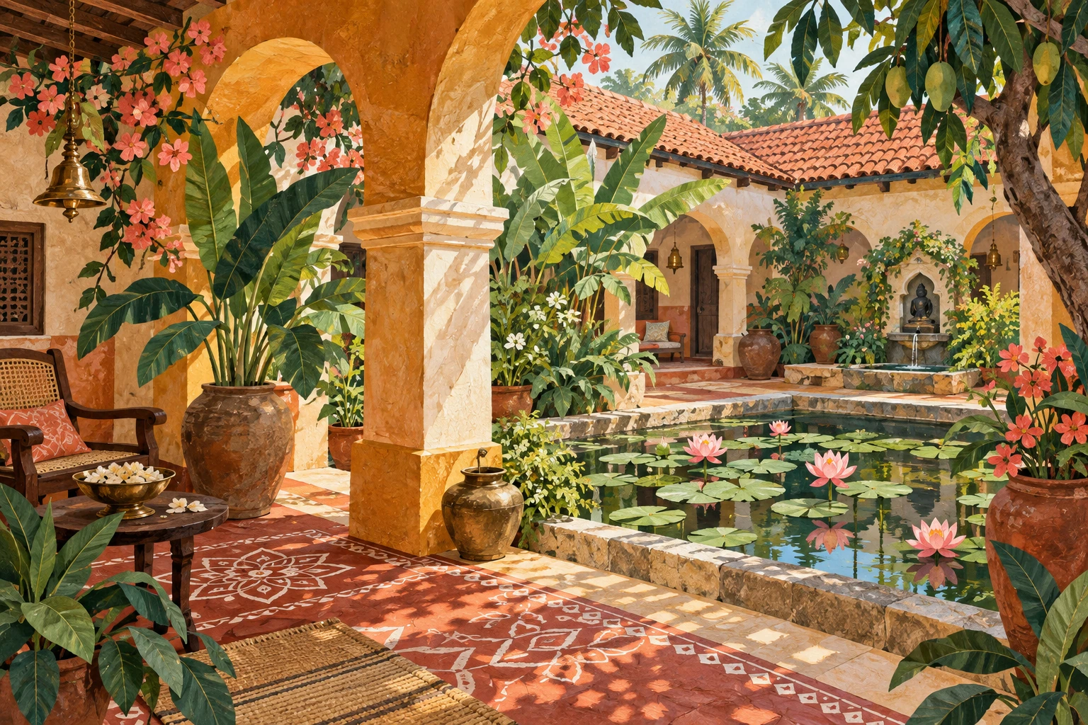 An illustrated Indian courtyard, inspired by Priya’s roots